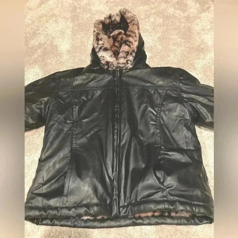 KC Collections Girls Faux Leather Jacket Coat Black Size M Reversible - Picture 2 of 9